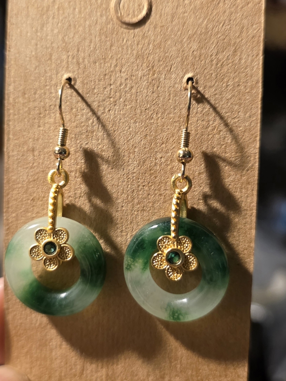 Gold Floral Jade Hoop Drop Earrings - Green